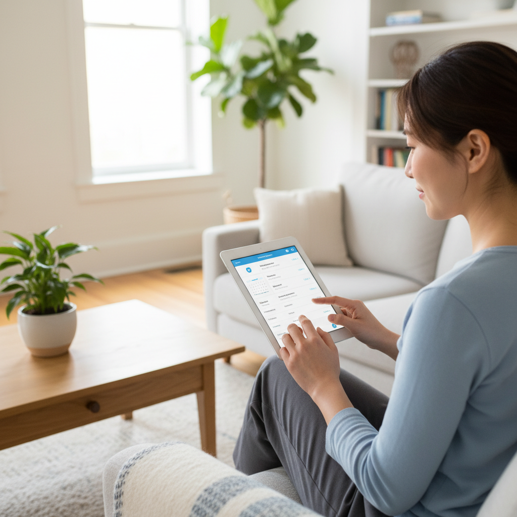 An Asian woman using a digital health portal on a tablet in a bright living room.